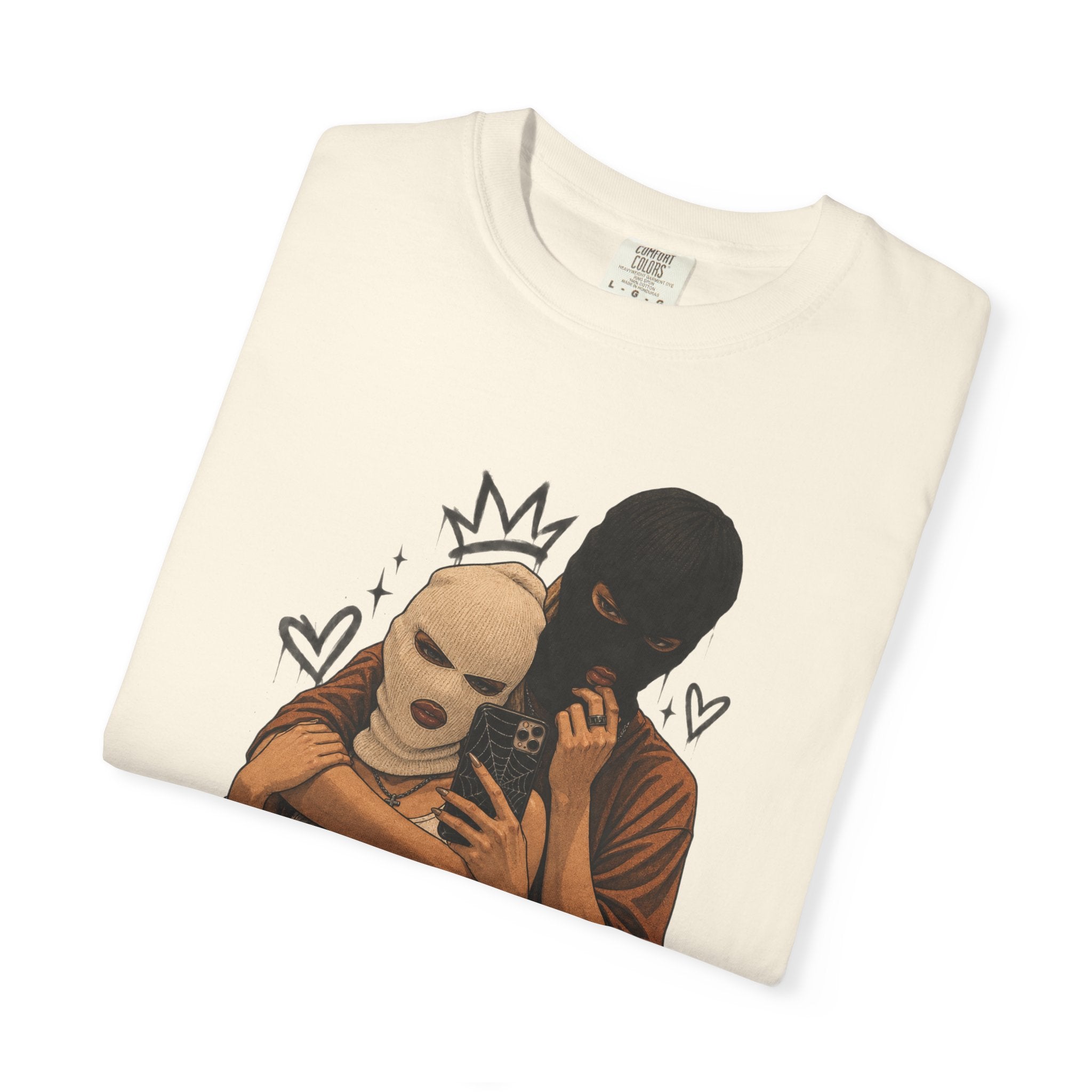Masked Couple Graphic T-Shirt — Urban Streetwear Tee with Crown & Hearts Design