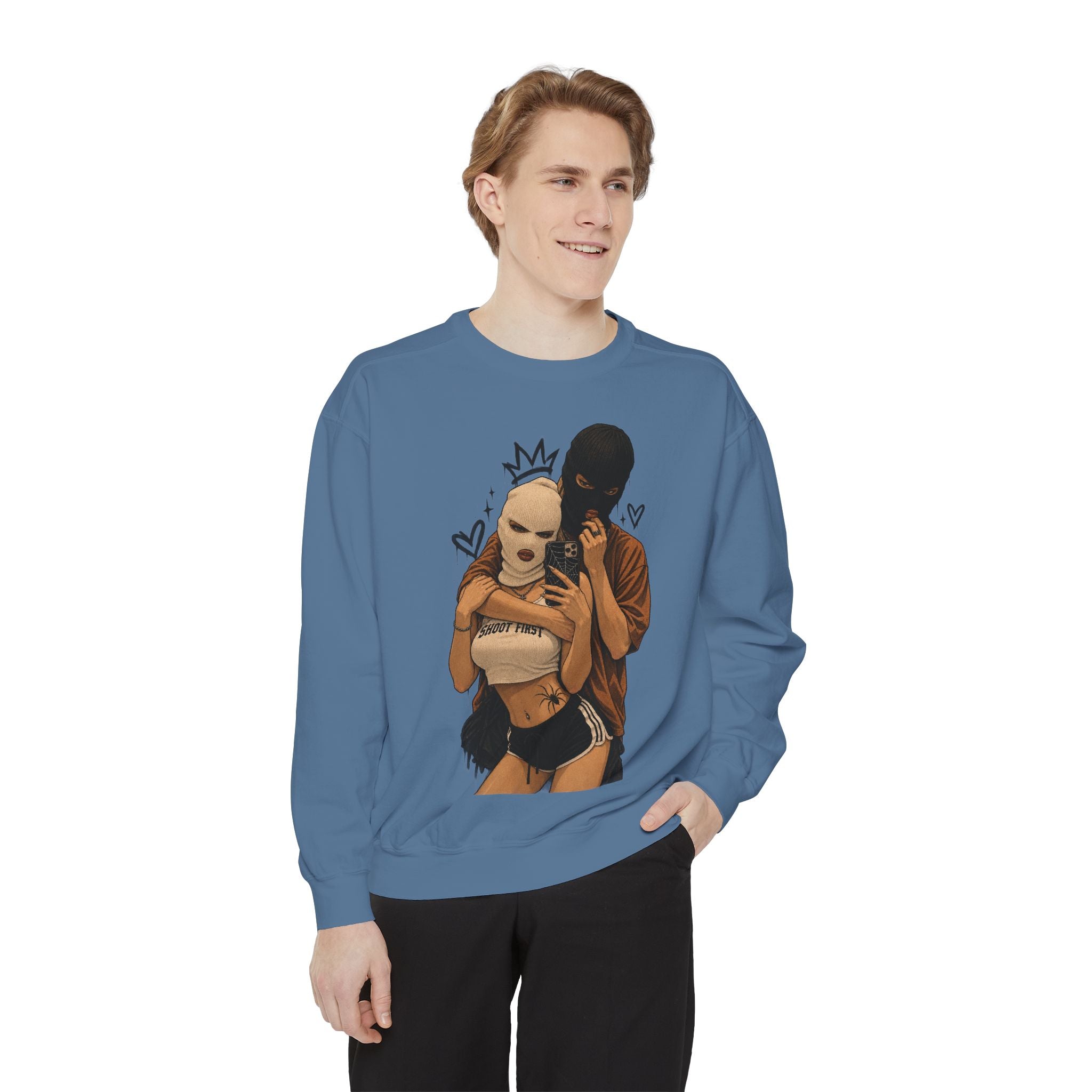 Couple Selfie Graphic Sweatshirt — Masked Lovers Illustration