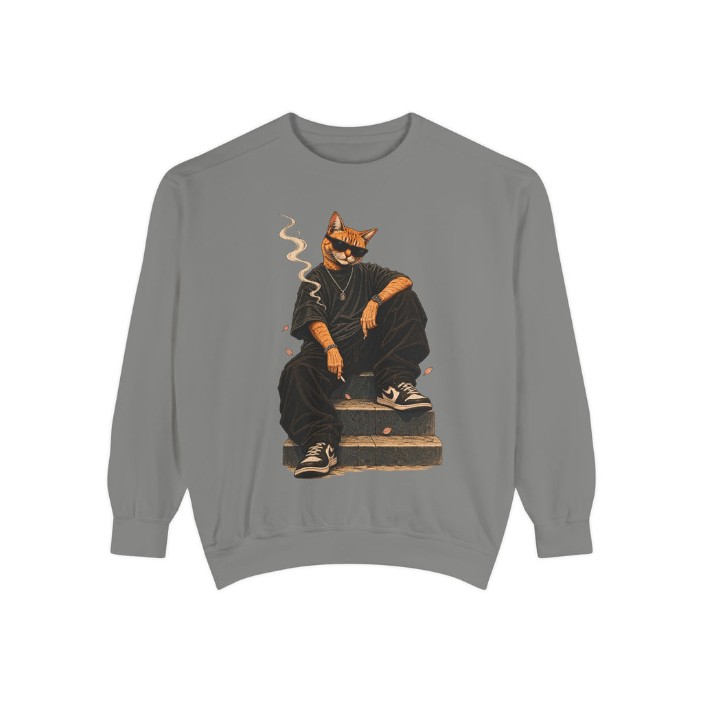Cat Gangster Sweatshirt — Retro Cool Cat Sitting, Smoky Streetwear Crewneck