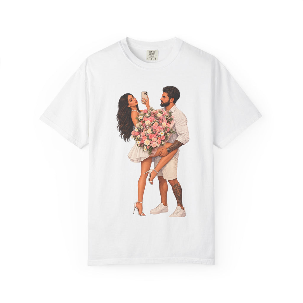 Couple Holding Bouquet Graphic T-Shirt — Romantic Date & Anniversary Tee