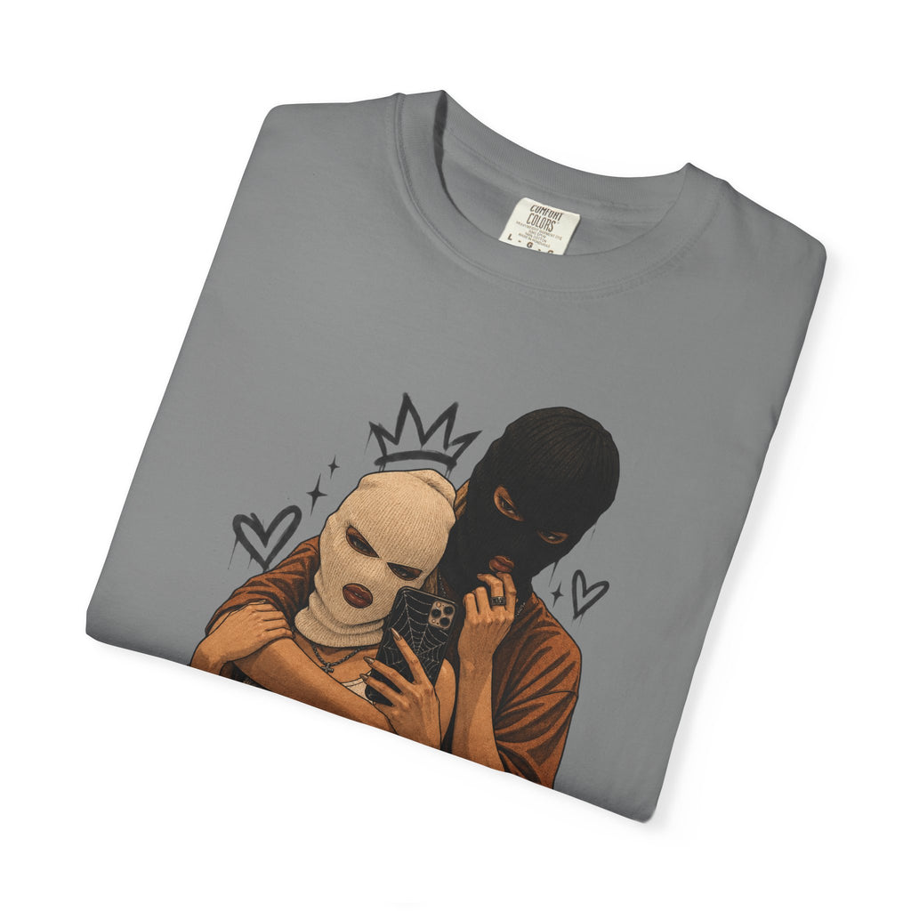 Masked Couple Graphic T-Shirt — Urban Streetwear Tee with Crown & Hearts Design