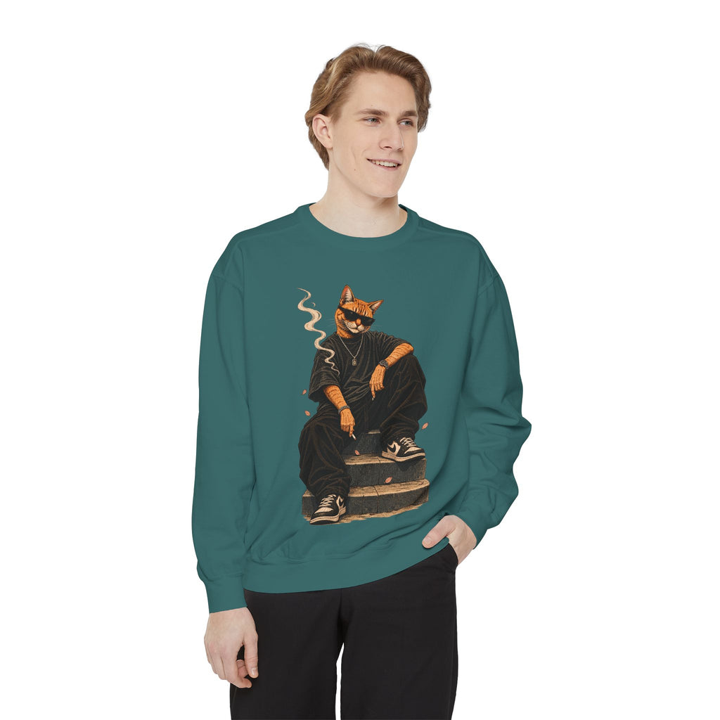 Cat Gangster Sweatshirt — Retro Cool Cat Sitting, Smoky Streetwear Crewneck