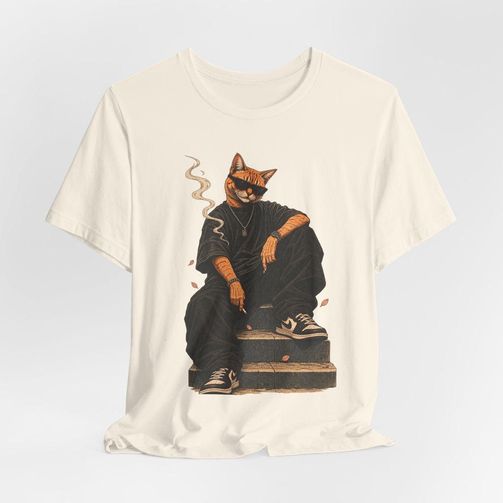Cat King Streetwear T-Shirt — Cool Cat Sitting with Sunglasses & Smoke