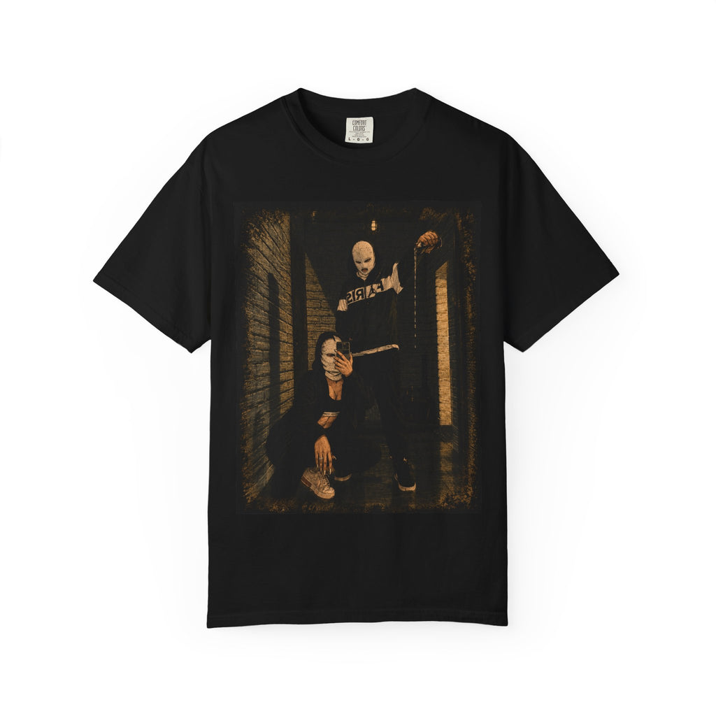 Horror Movie Scene Graphic T-Shirt — Vintage Masked Killer Photo Tee