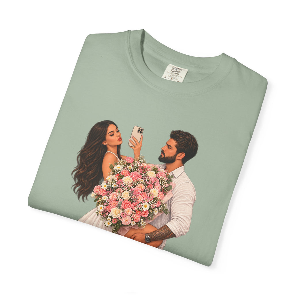Couple Holding Bouquet Graphic T-Shirt — Romantic Date & Anniversary Tee