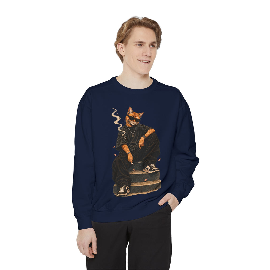 Cat Gangster Sweatshirt — Retro Cool Cat Sitting, Smoky Streetwear Crewneck