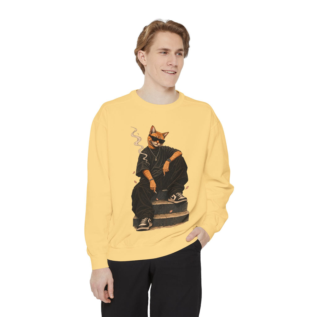 Cat Gangster Sweatshirt — Retro Cool Cat Sitting, Smoky Streetwear Crewneck