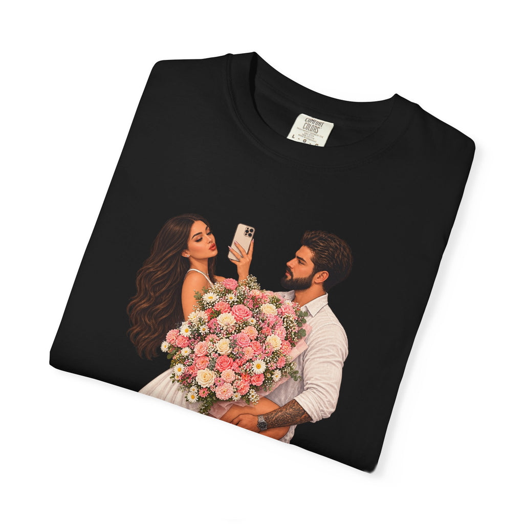 Couple Holding Bouquet Graphic T-Shirt — Romantic Date & Anniversary Tee