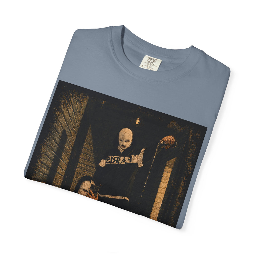 Horror Movie Scene Graphic T-Shirt — Vintage Masked Killer Photo Tee