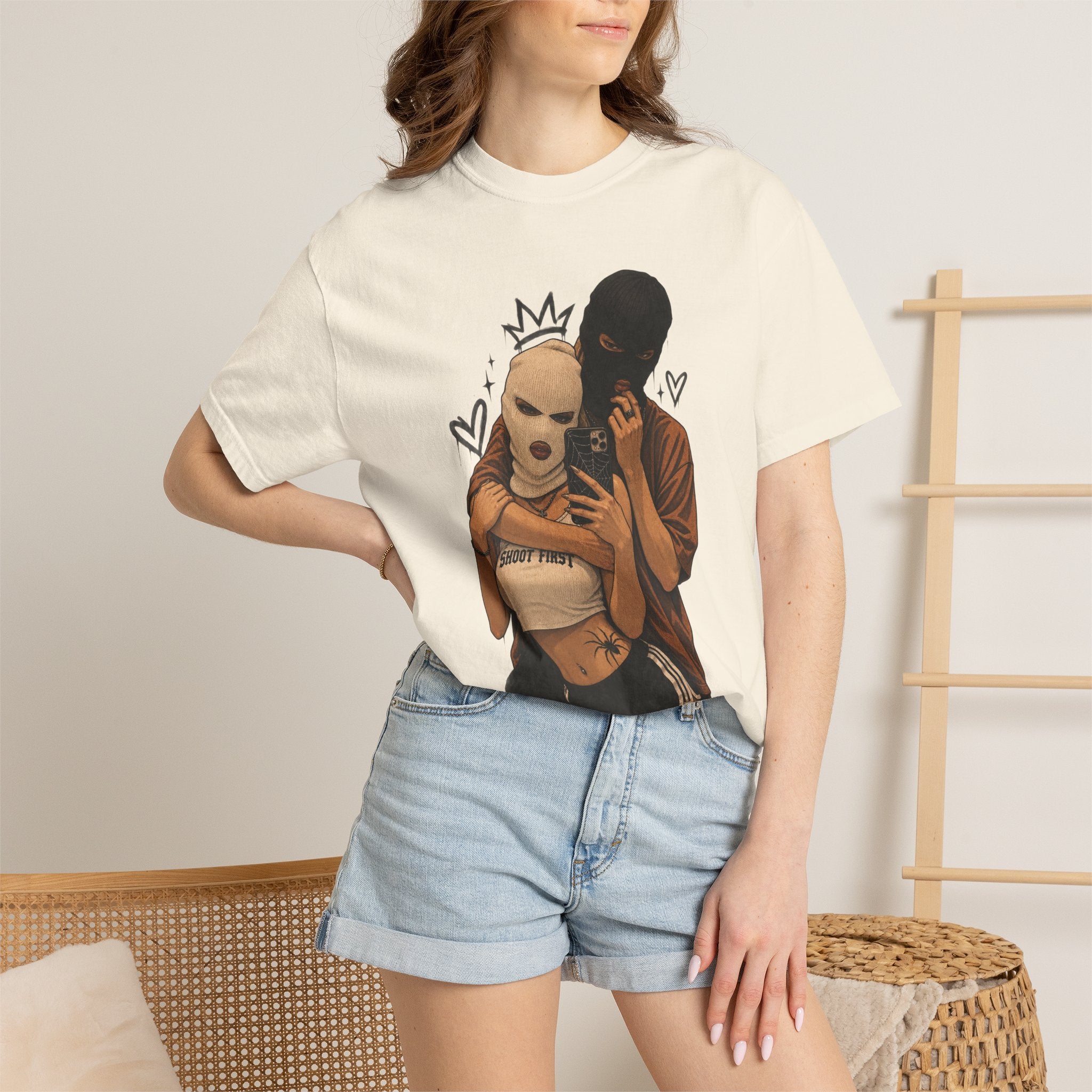 Masked Couple Graphic T-Shirt — Urban Streetwear Tee with Crown & Hearts Design