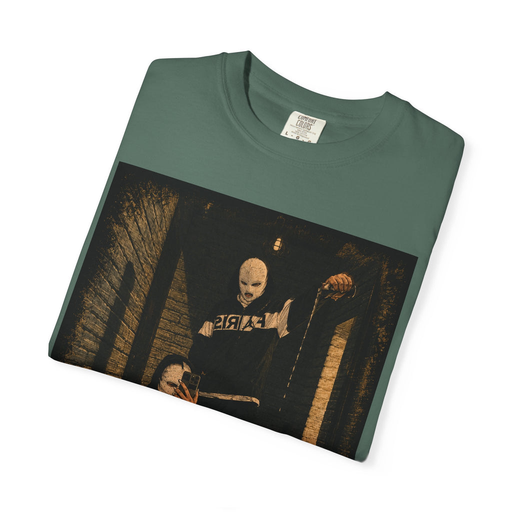Horror Movie Scene Graphic T-Shirt — Vintage Masked Killer Photo Tee