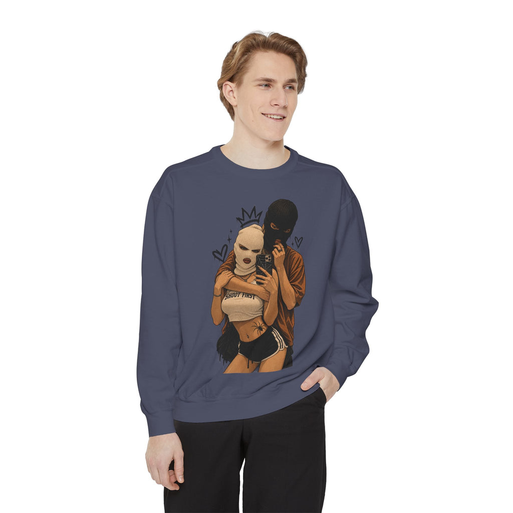 Couple Selfie Graphic Sweatshirt — Masked Lovers Illustration