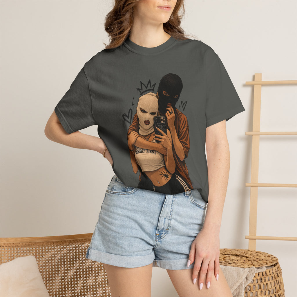Masked Couple Graphic T-Shirt — Urban Streetwear Tee with Crown & Hearts Design