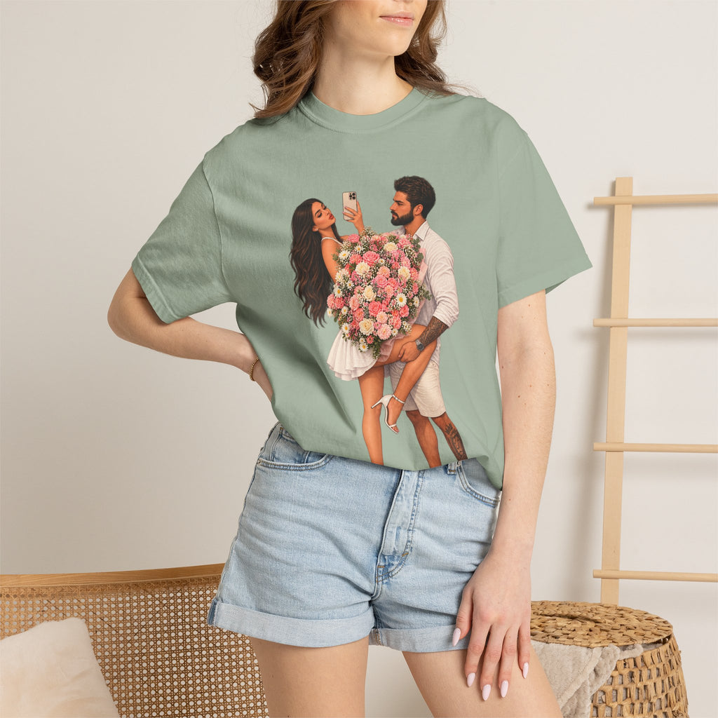 Couple Holding Bouquet Graphic T-Shirt — Romantic Date & Anniversary Tee