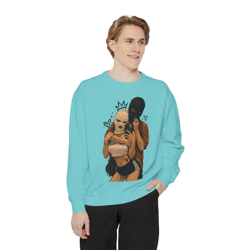 Couple Selfie Graphic Sweatshirt — Masked Lovers Illustration