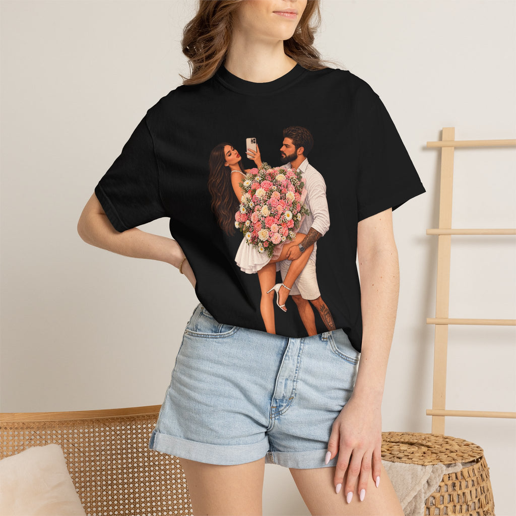 Couple Holding Bouquet Graphic T-Shirt — Romantic Date & Anniversary Tee