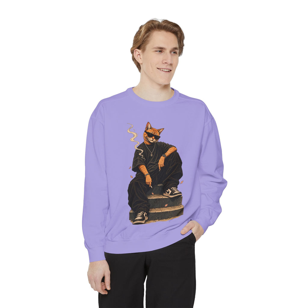 Cat Gangster Sweatshirt — Retro Cool Cat Sitting, Smoky Streetwear Crewneck