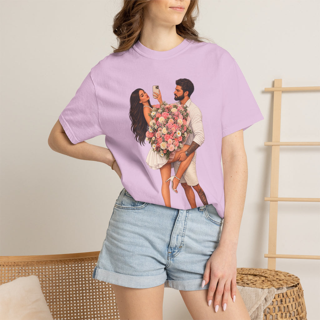 Couple Holding Bouquet Graphic T-Shirt — Romantic Date & Anniversary Tee