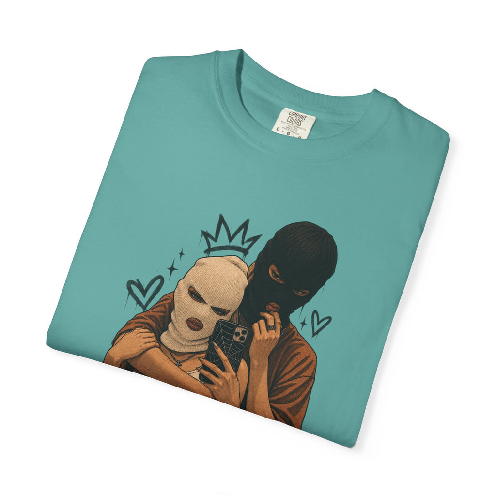 Masked Couple Graphic T-Shirt — Urban Streetwear Tee with Crown & Hearts Design