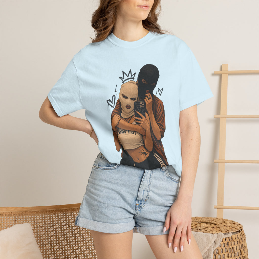 Masked Couple Graphic T-Shirt — Urban Streetwear Tee with Crown & Hearts Design