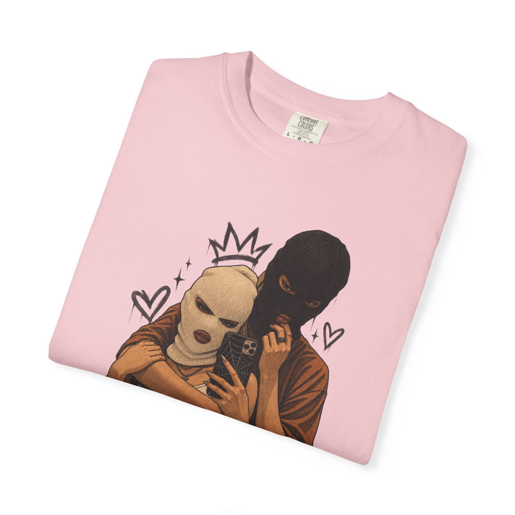 Masked Couple Graphic T-Shirt — Urban Streetwear Tee with Crown & Hearts Design