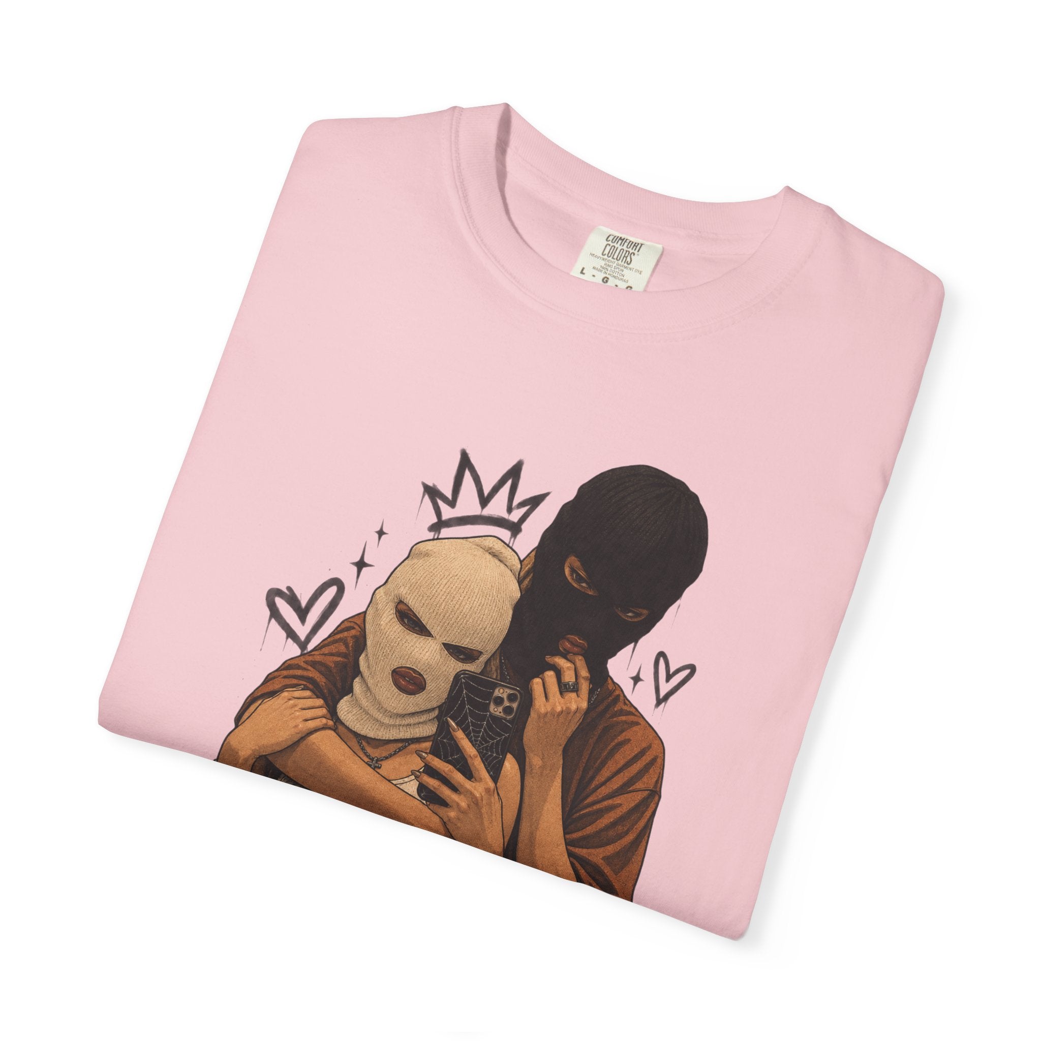 Masked Couple Graphic T-Shirt — Urban Streetwear Tee with Crown & Hearts Design
