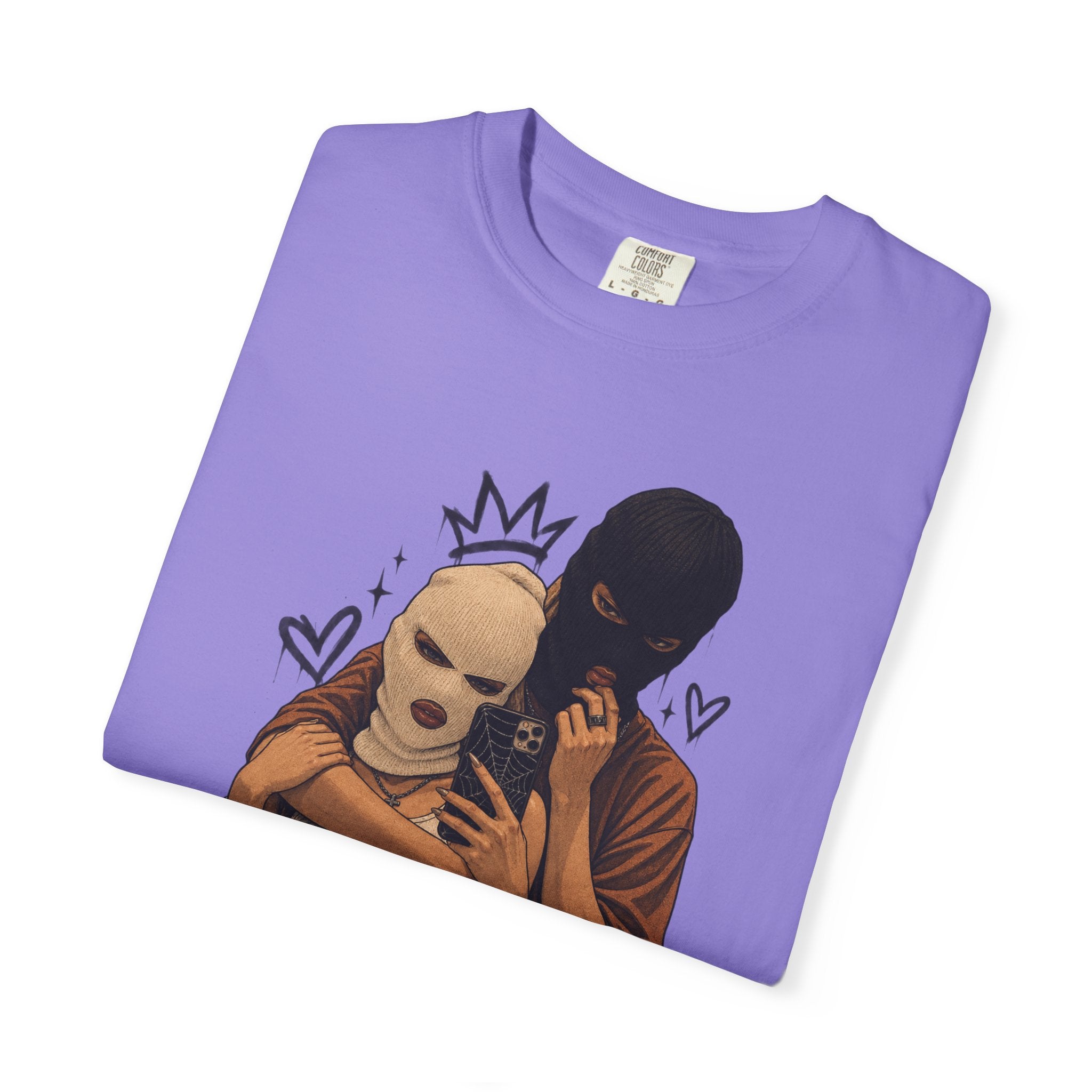 Masked Couple Graphic T-Shirt — Urban Streetwear Tee with Crown & Hearts Design
