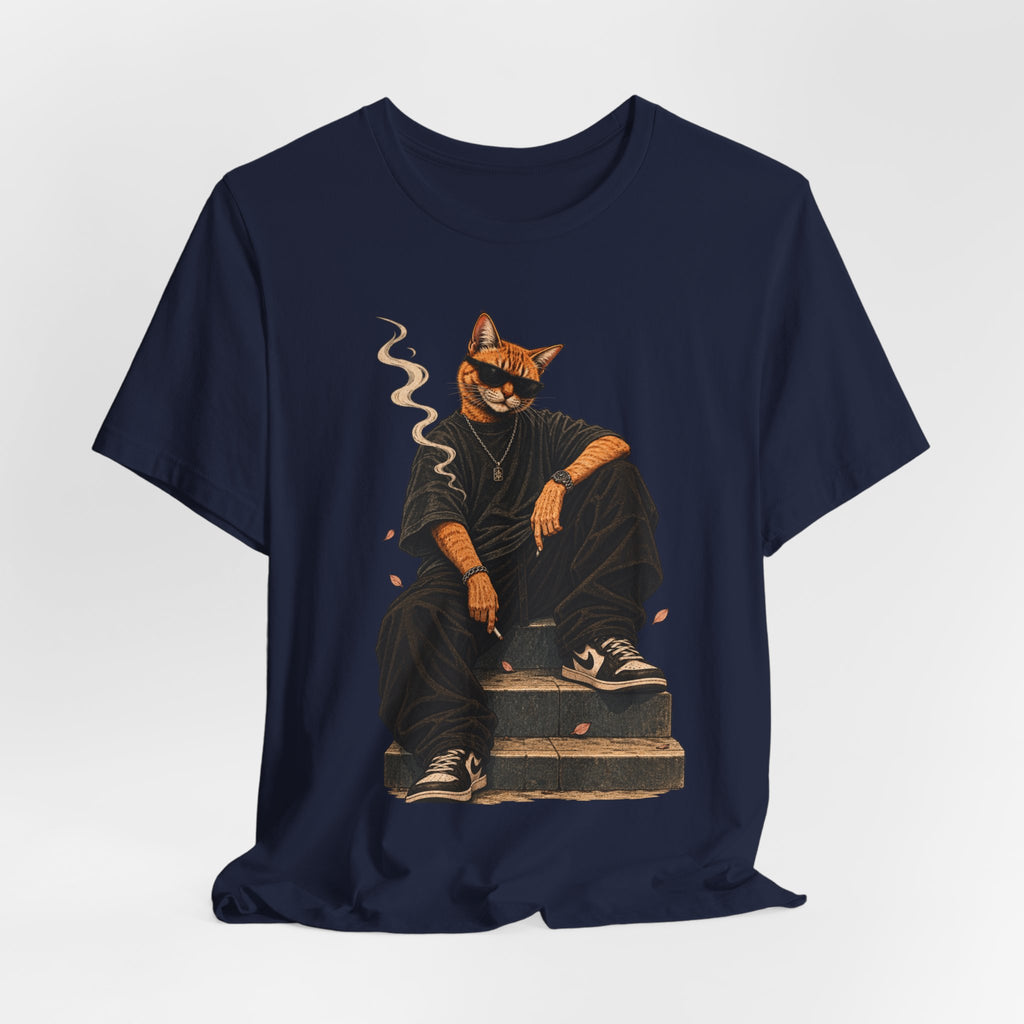 Cat King Streetwear T-Shirt — Cool Cat Sitting with Sunglasses & Smoke