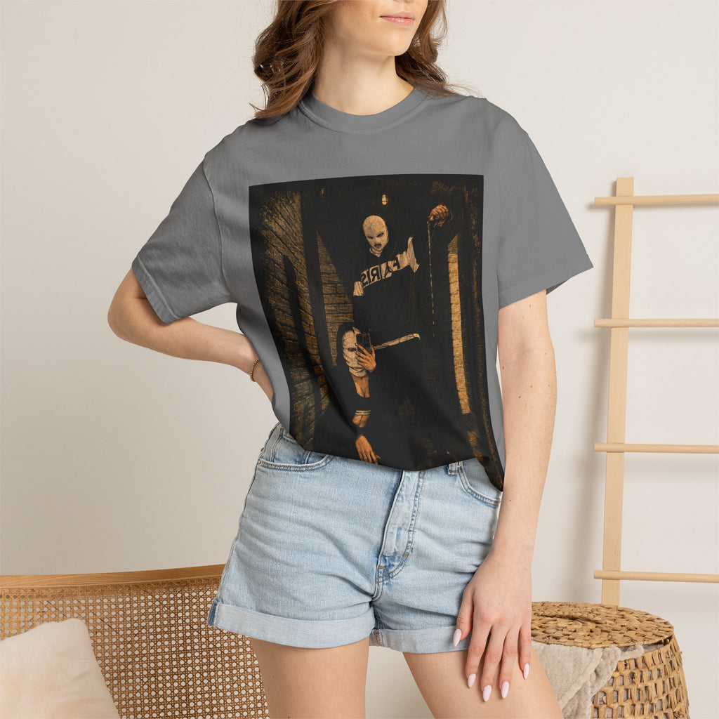 Horror Movie Scene Graphic T-Shirt — Vintage Masked Killer Photo Tee