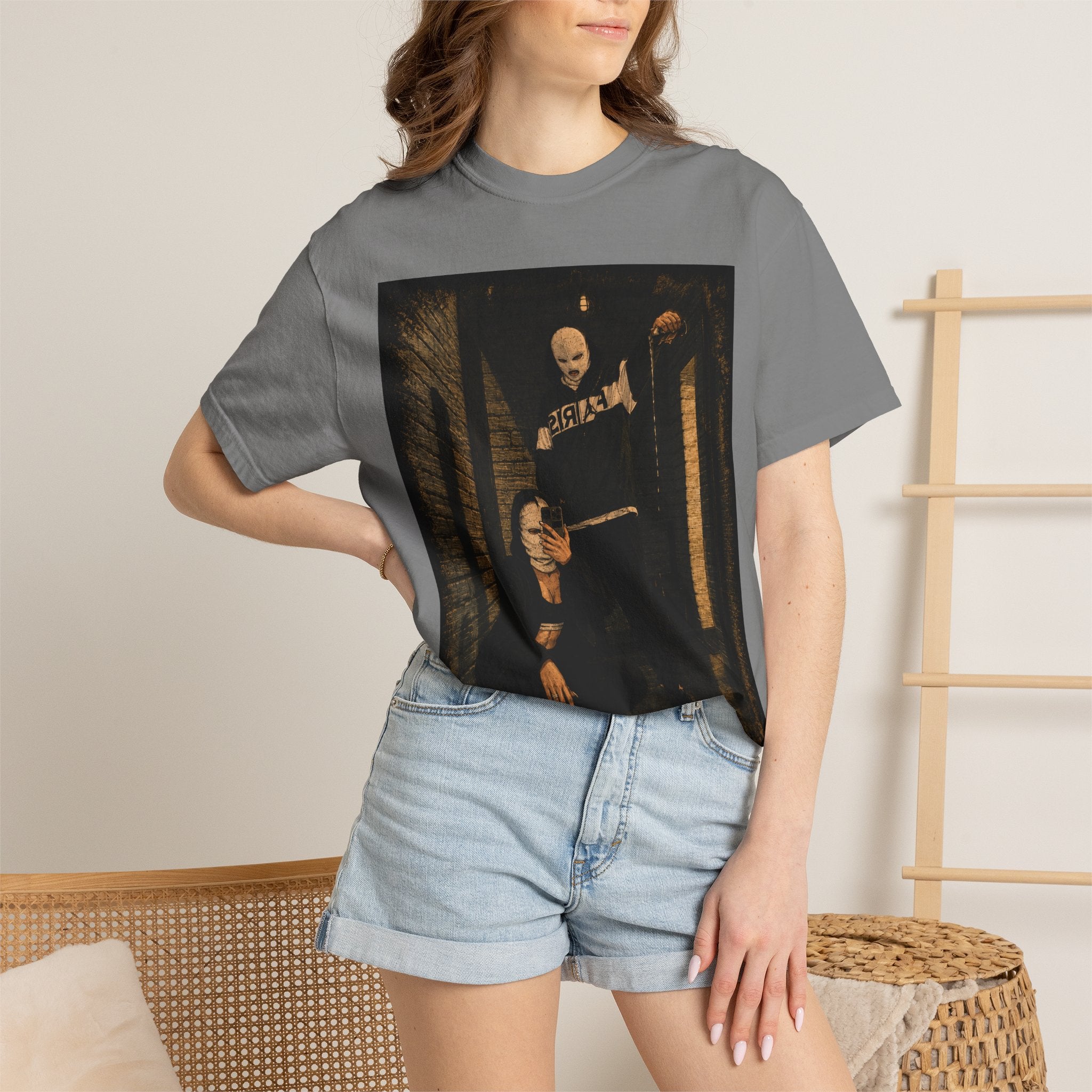 Horror Movie Scene Graphic T-Shirt — Vintage Masked Killer Photo Tee