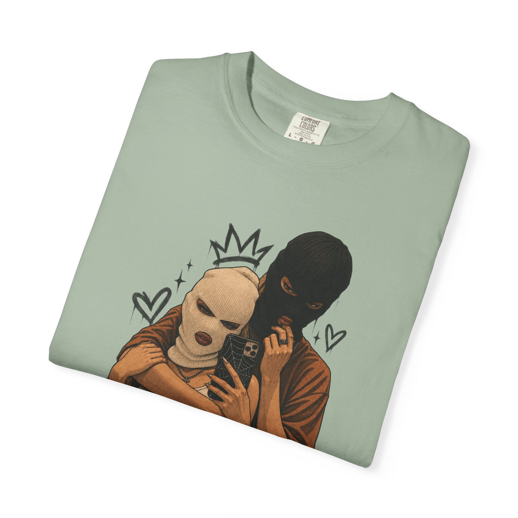 Masked Couple Graphic T-Shirt — Urban Streetwear Tee with Crown & Hearts Design