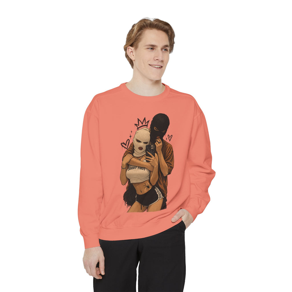 Couple Selfie Graphic Sweatshirt — Masked Lovers Illustration