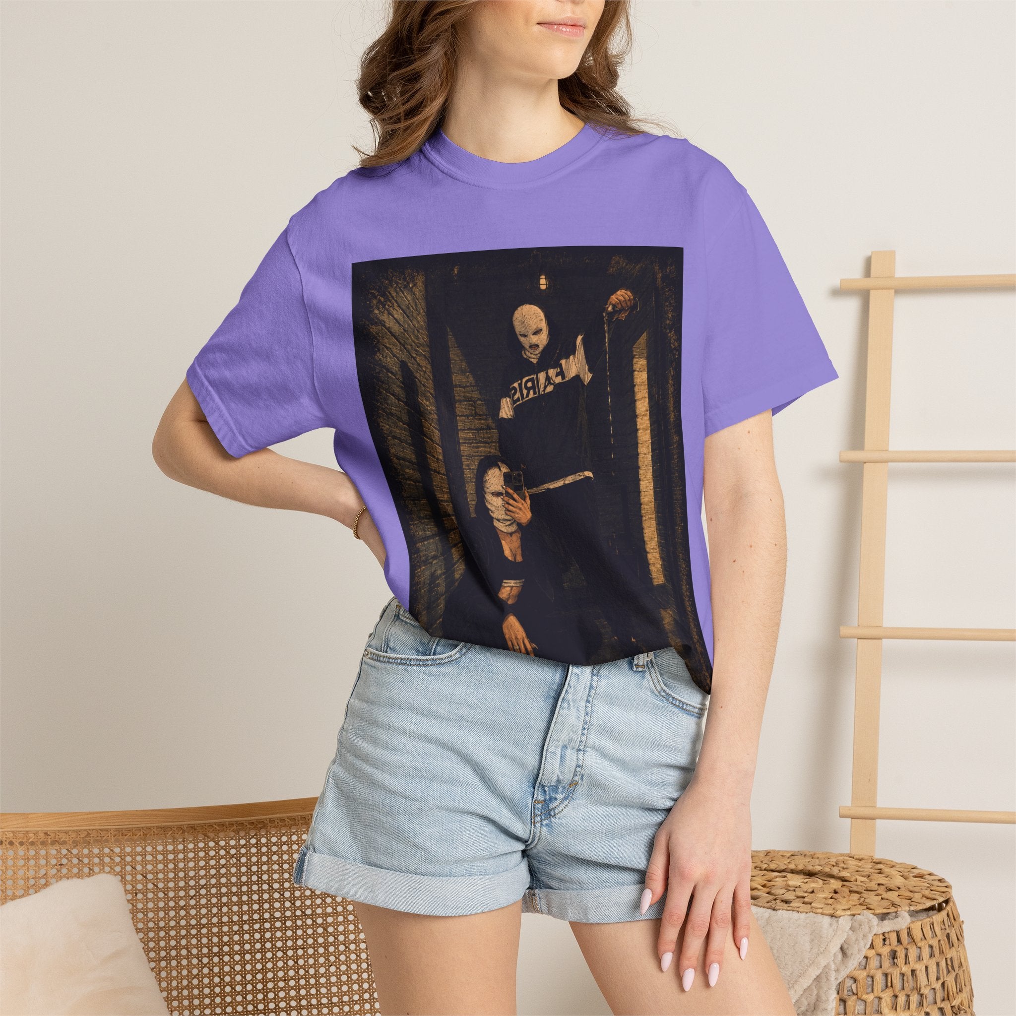 Horror Movie Scene Graphic T-Shirt — Vintage Masked Killer Photo Tee