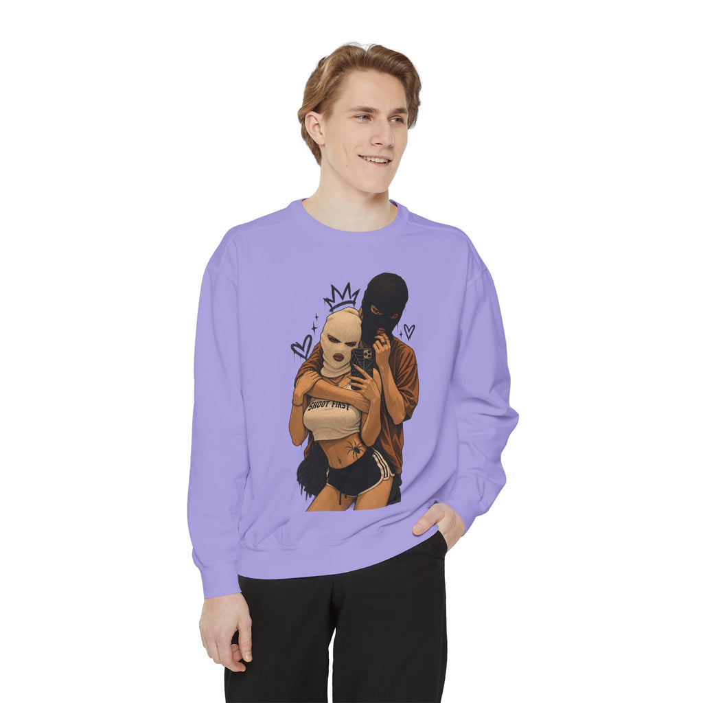 Couple Selfie Graphic Sweatshirt — Masked Lovers Illustration