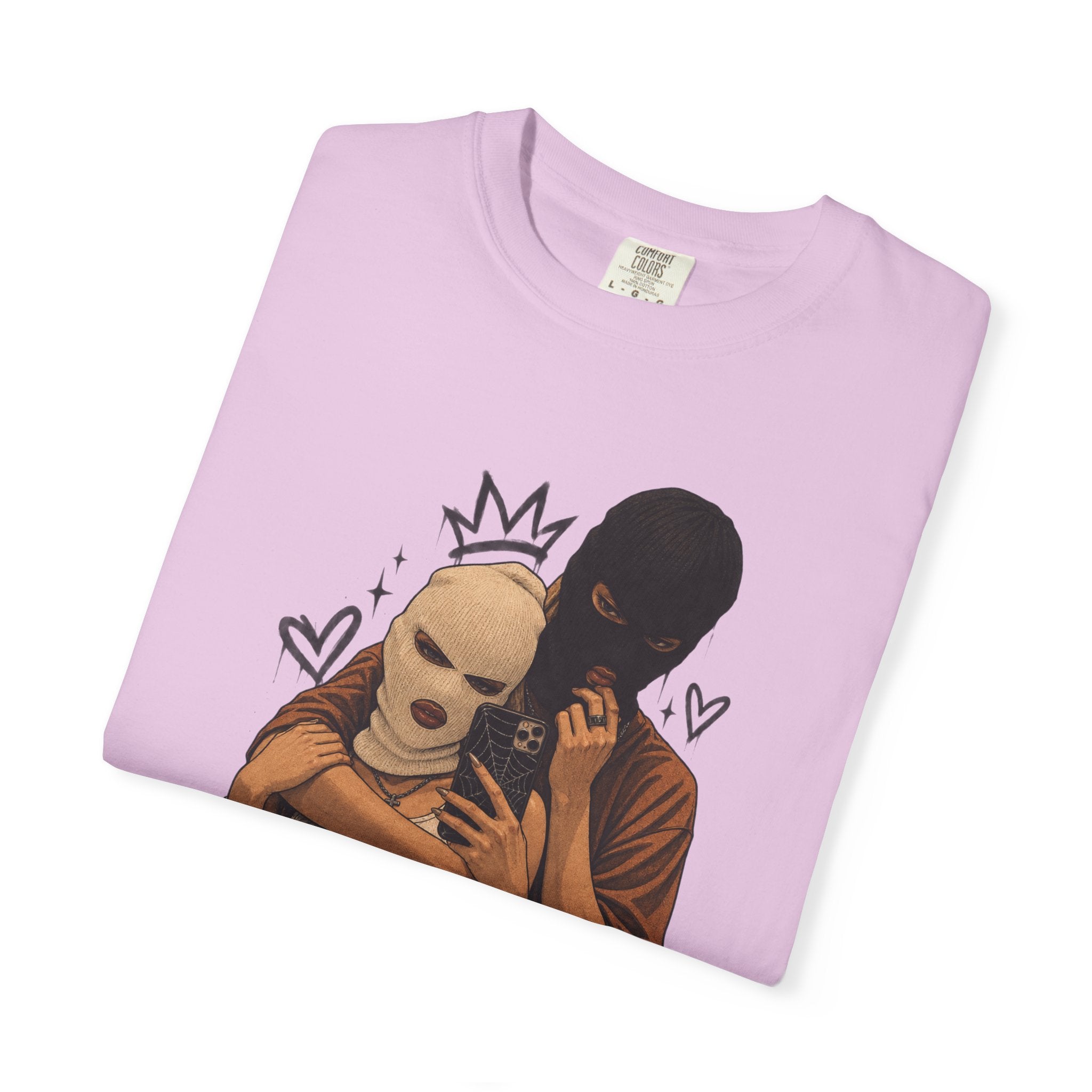Masked Couple Graphic T-Shirt — Urban Streetwear Tee with Crown & Hearts Design