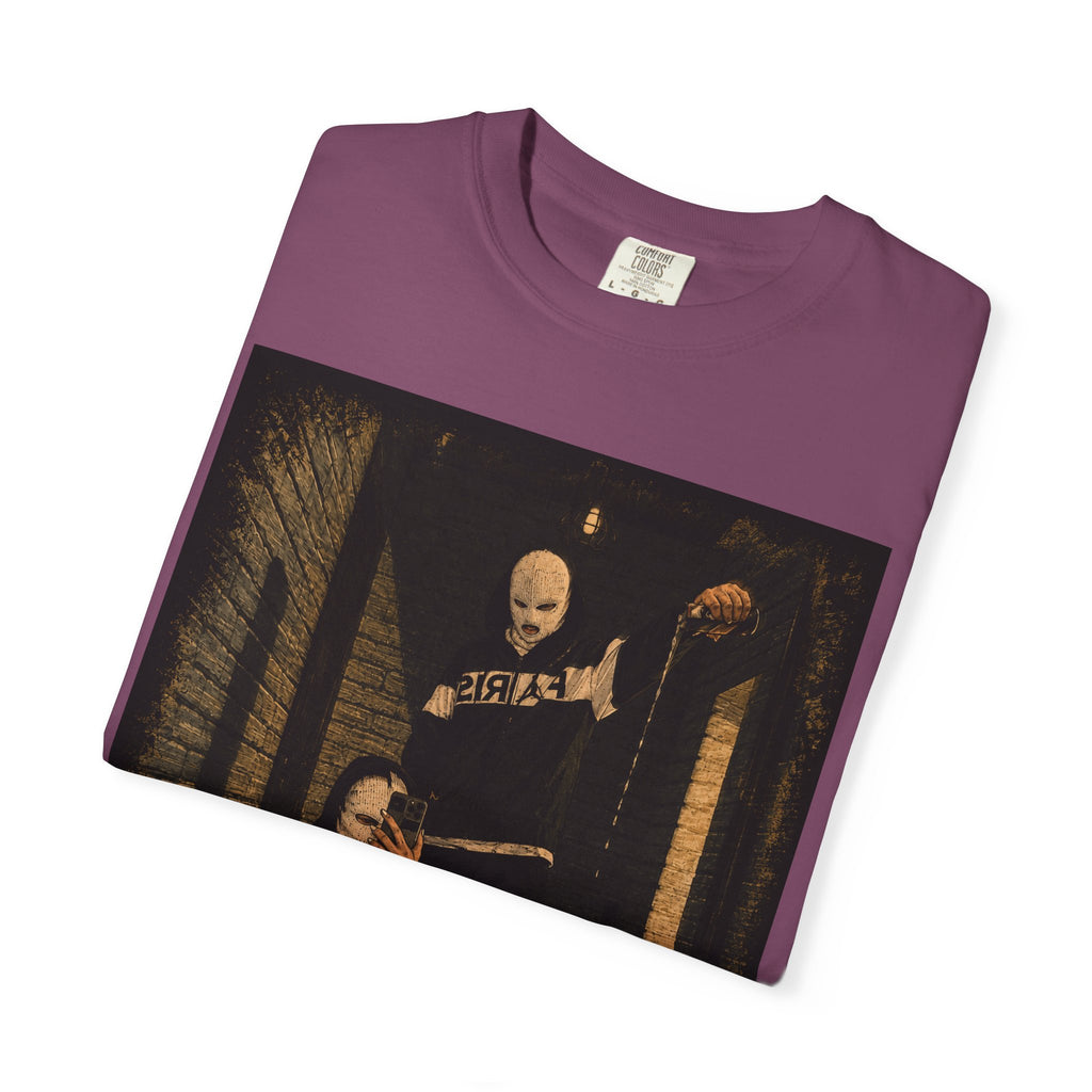 Horror Movie Scene Graphic T-Shirt — Vintage Masked Killer Photo Tee