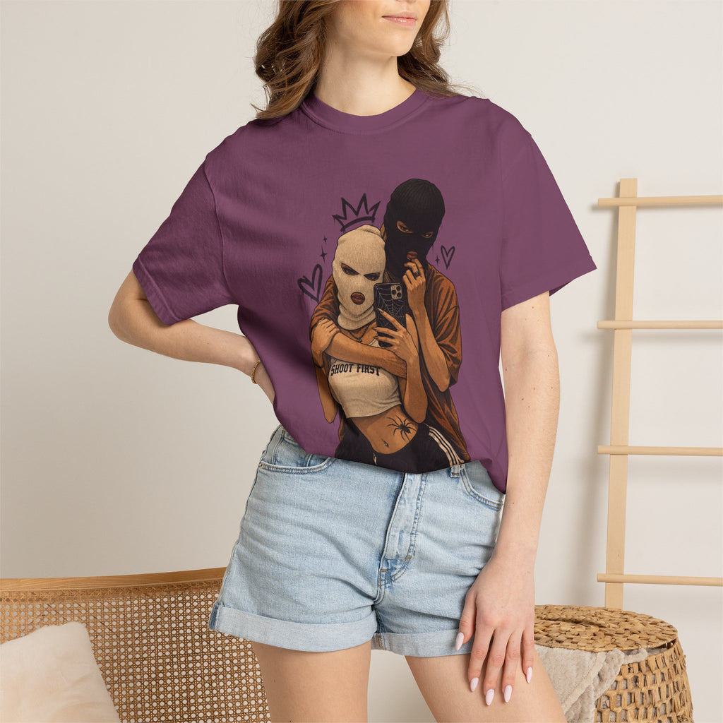 Masked Couple Graphic T-Shirt — Urban Streetwear Tee with Crown & Hearts Design