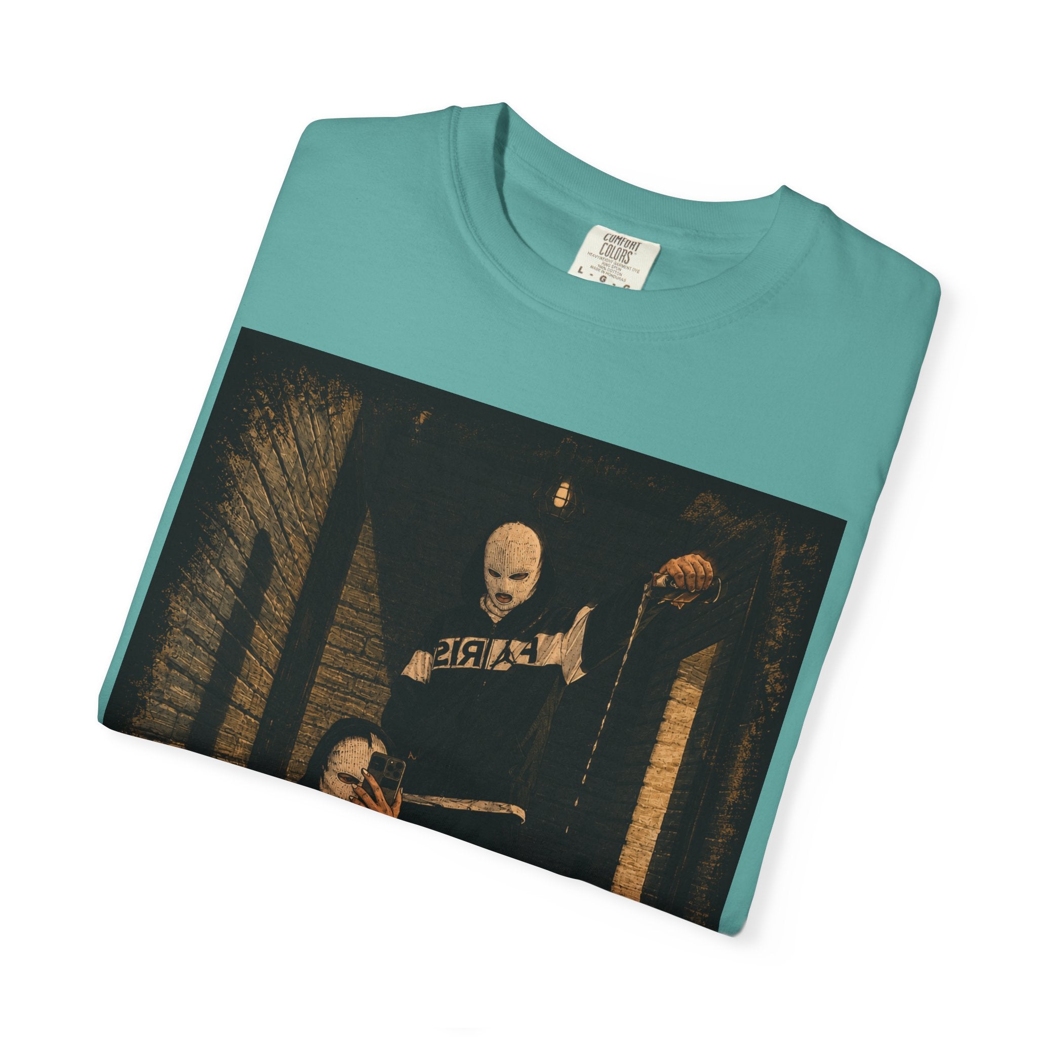 Horror Movie Scene Graphic T-Shirt — Vintage Masked Killer Photo Tee