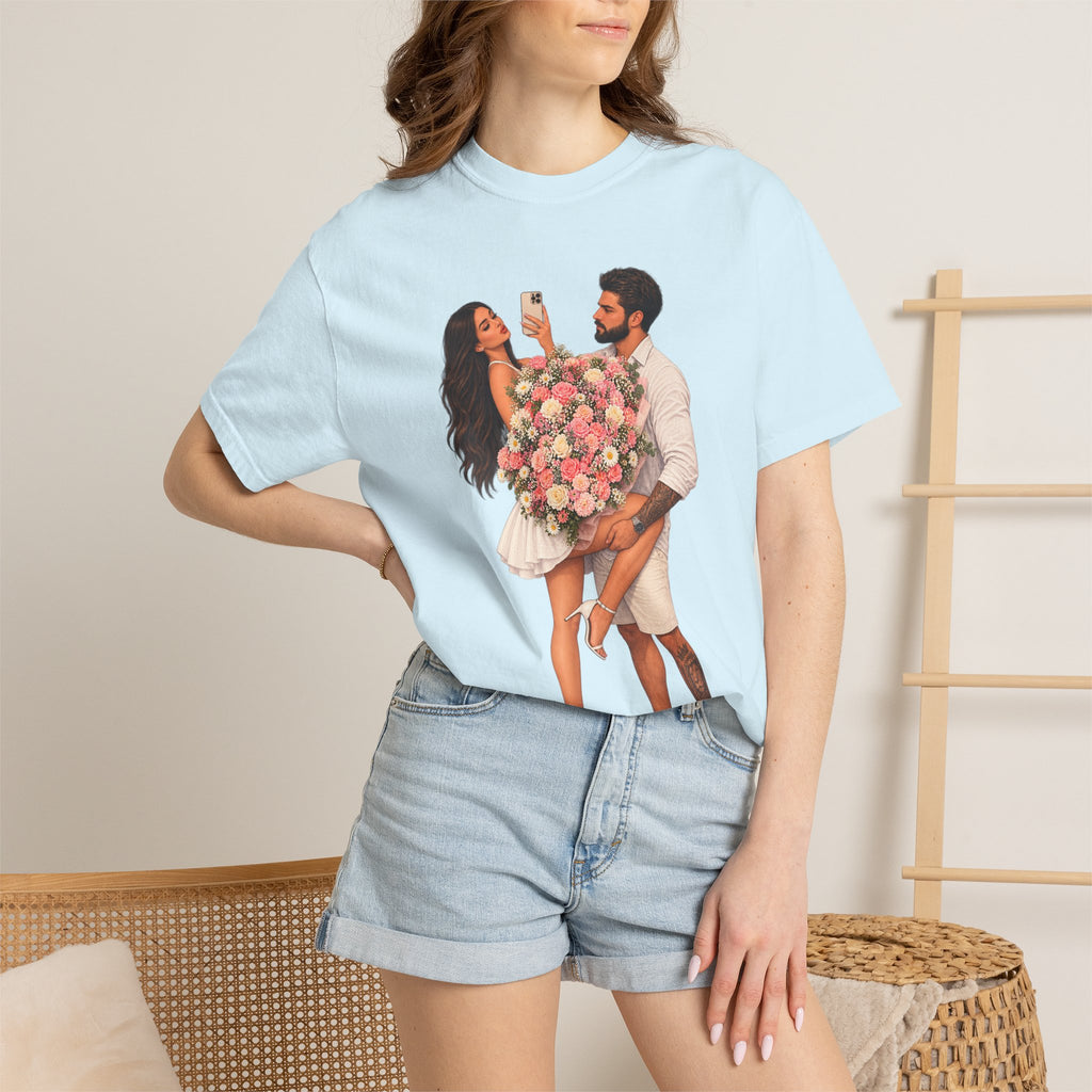 Couple Holding Bouquet Graphic T-Shirt — Romantic Date & Anniversary Tee