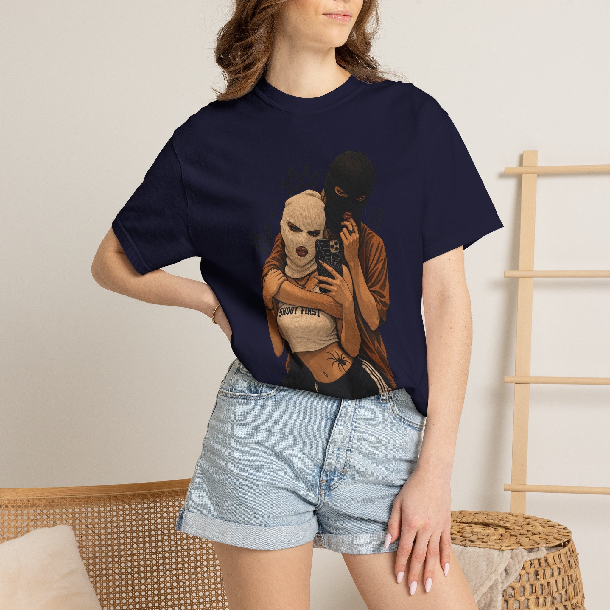 Masked Couple Graphic T-Shirt — Urban Streetwear Tee with Crown & Hearts Design