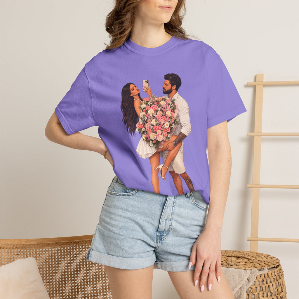Couple Holding Bouquet Graphic T-Shirt — Romantic Date & Anniversary Tee