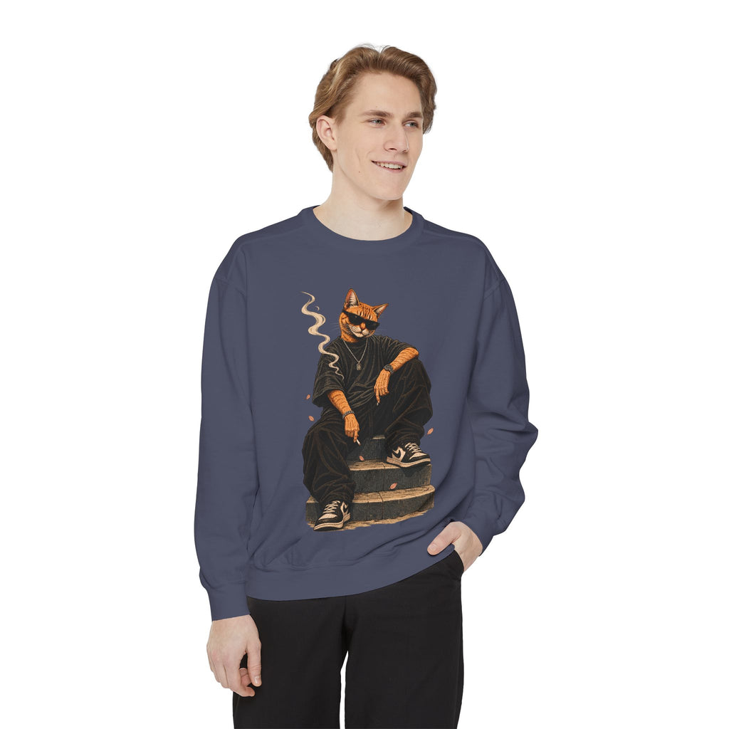 Cat Gangster Sweatshirt — Retro Cool Cat Sitting, Smoky Streetwear Crewneck