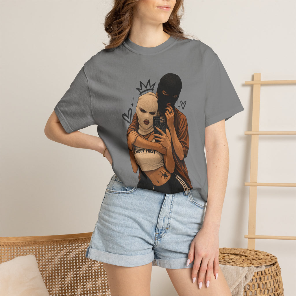 Masked Couple Graphic T-Shirt — Urban Streetwear Tee with Crown & Hearts Design