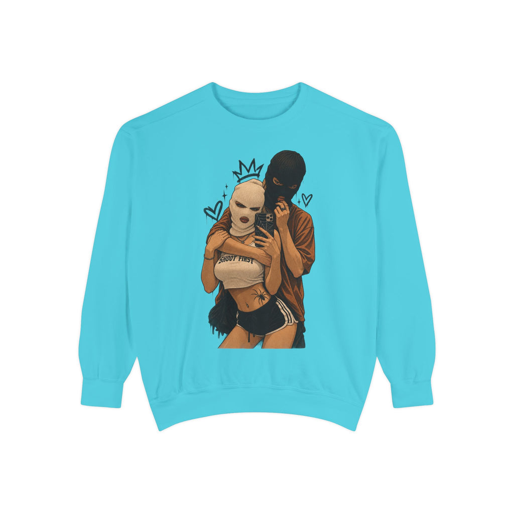 Couple Selfie Graphic Sweatshirt — Masked Lovers Illustration