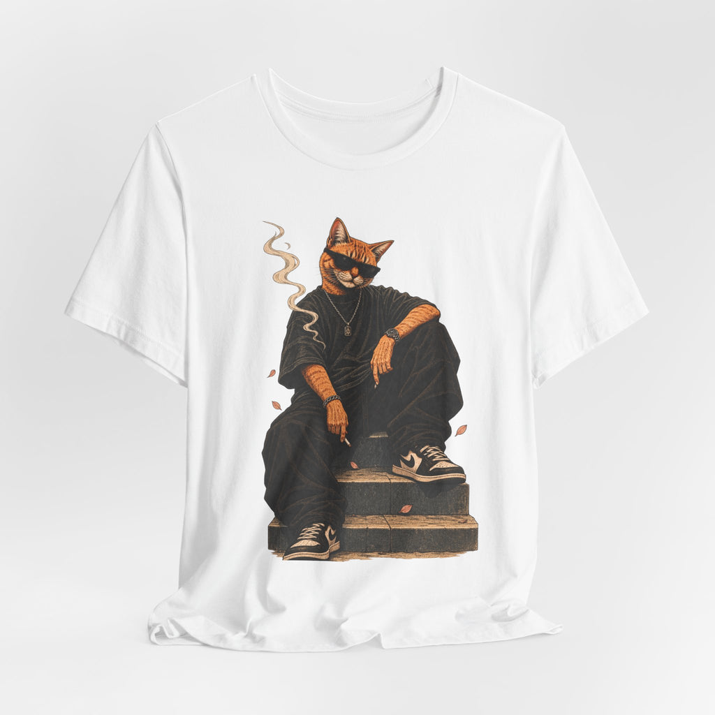 Cat King Streetwear T-Shirt — Cool Cat Sitting with Sunglasses & Smoke