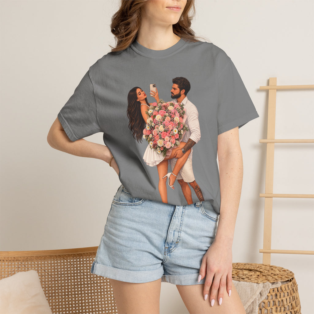 Couple Holding Bouquet Graphic T-Shirt — Romantic Date & Anniversary Tee