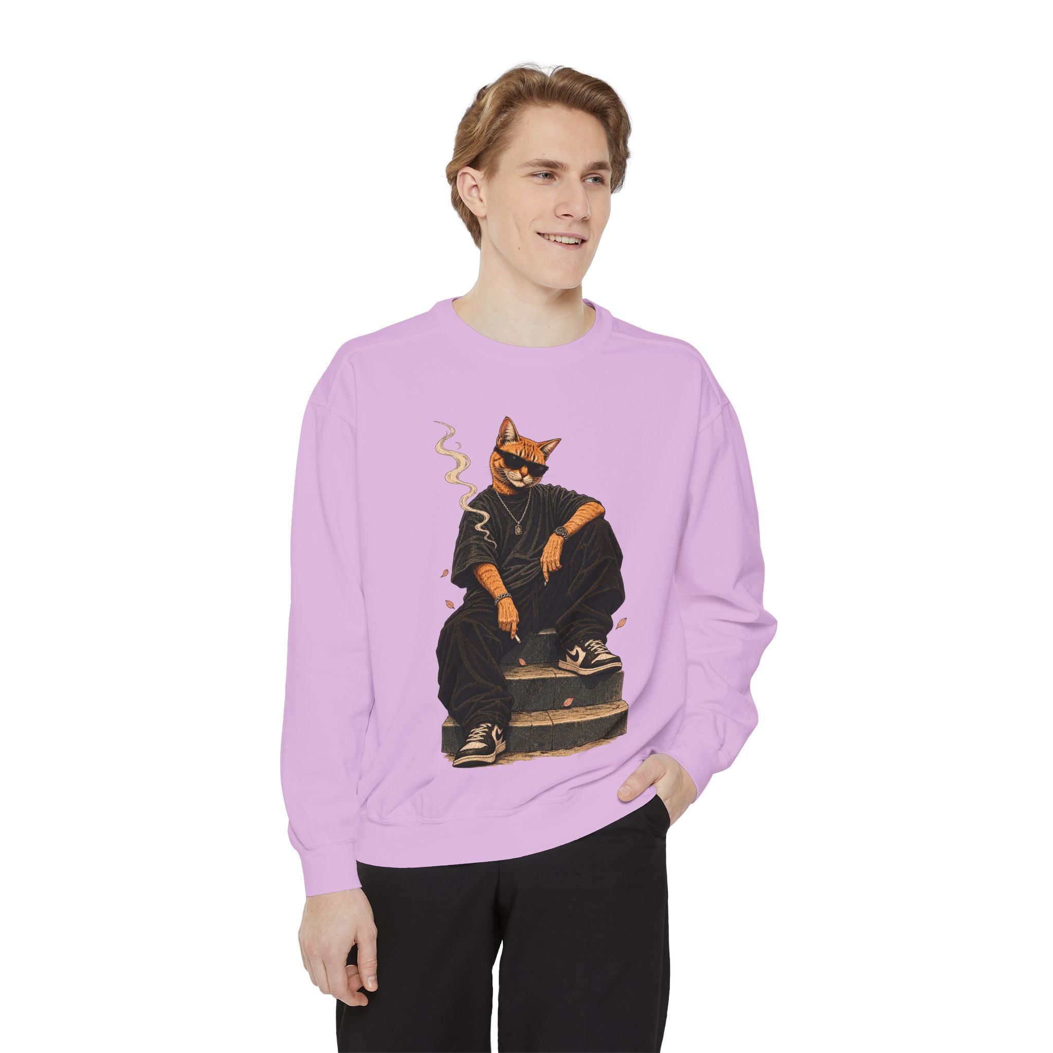 Cat Gangster Sweatshirt — Retro Cool Cat Sitting, Smoky Streetwear Crewneck