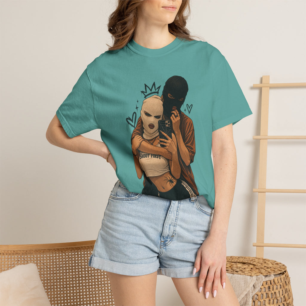 Masked Couple Graphic T-Shirt — Urban Streetwear Tee with Crown & Hearts Design