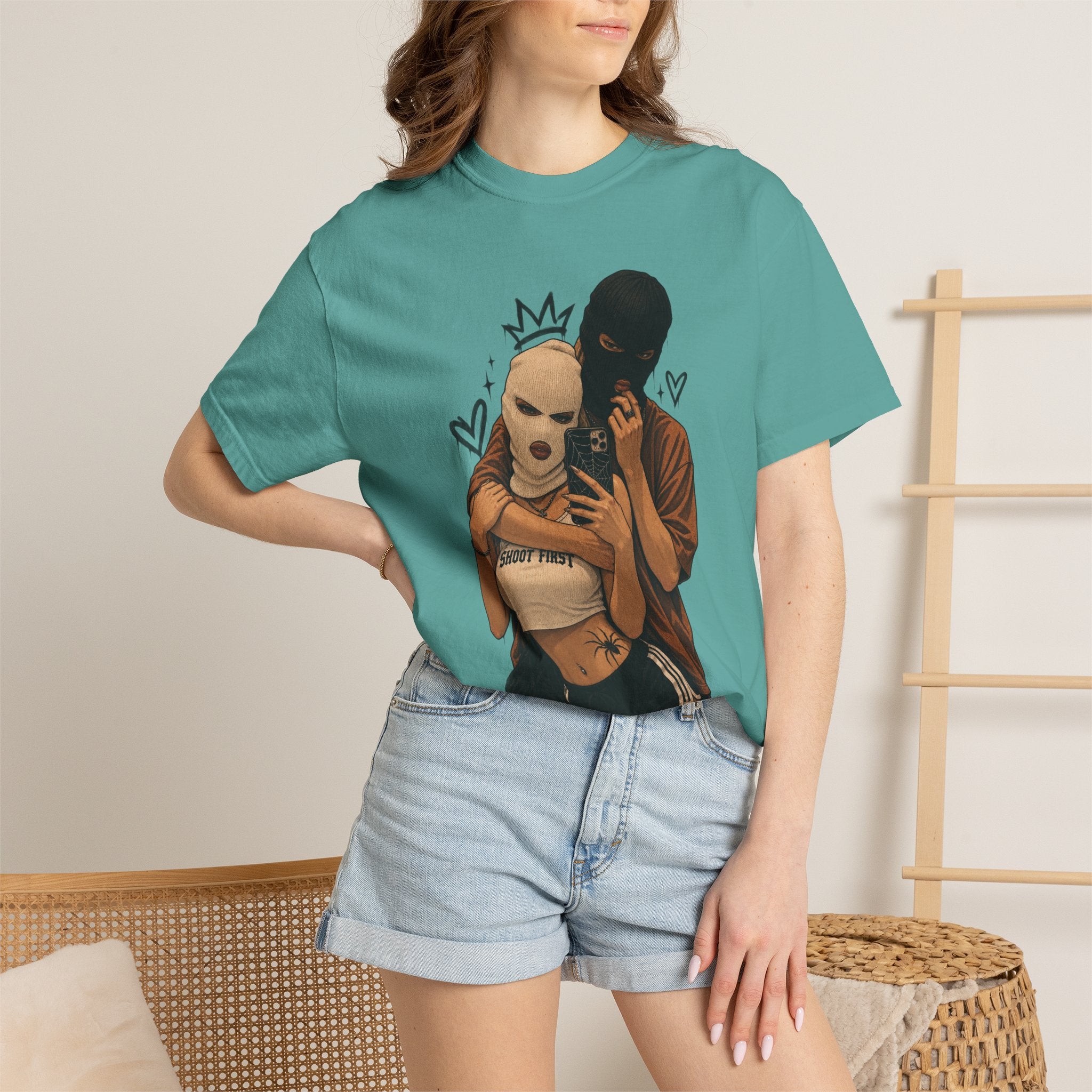 Masked Couple Graphic T-Shirt — Urban Streetwear Tee with Crown & Hearts Design