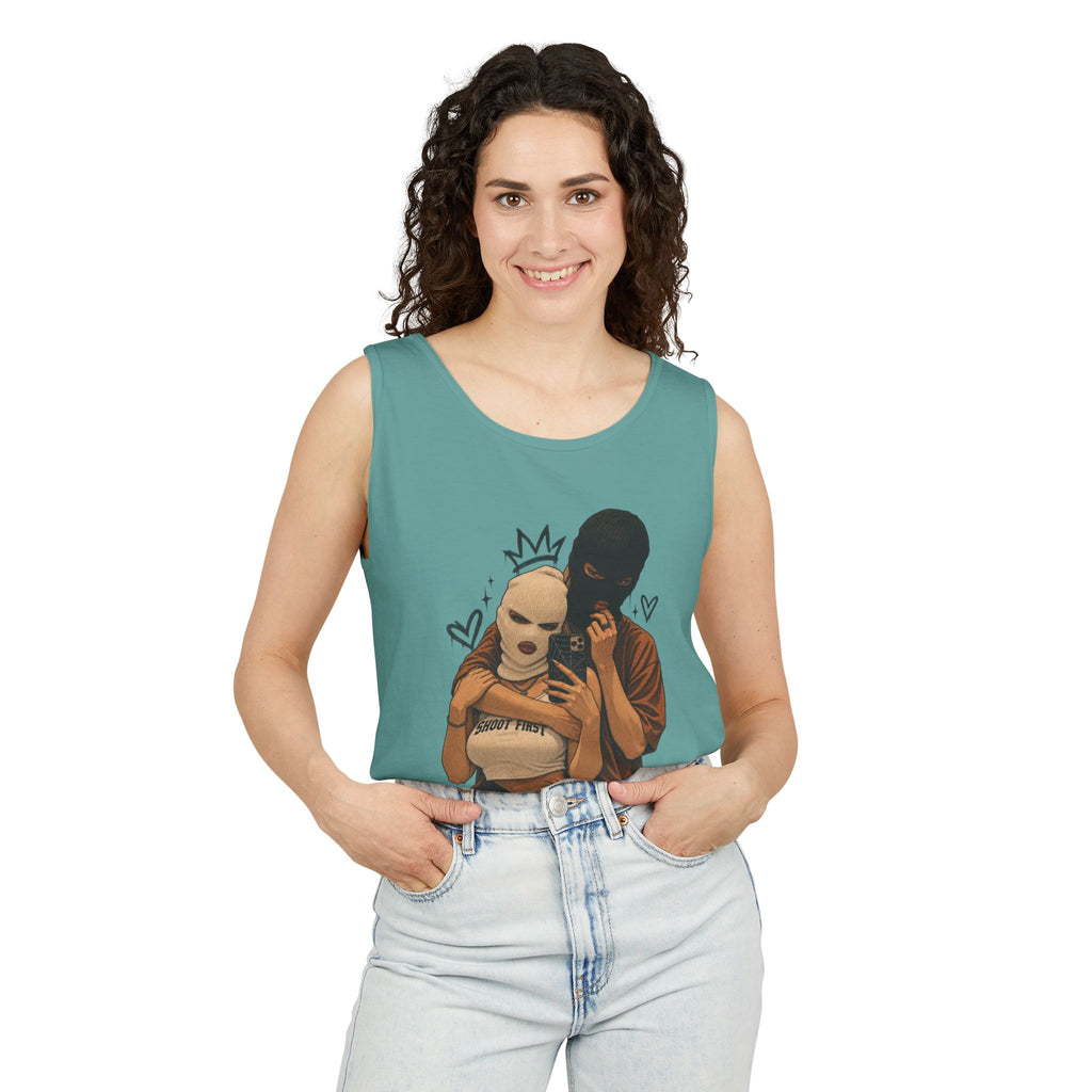 Masked Couple Graphic Tank Top — Edgy Streetwear Summer Tank